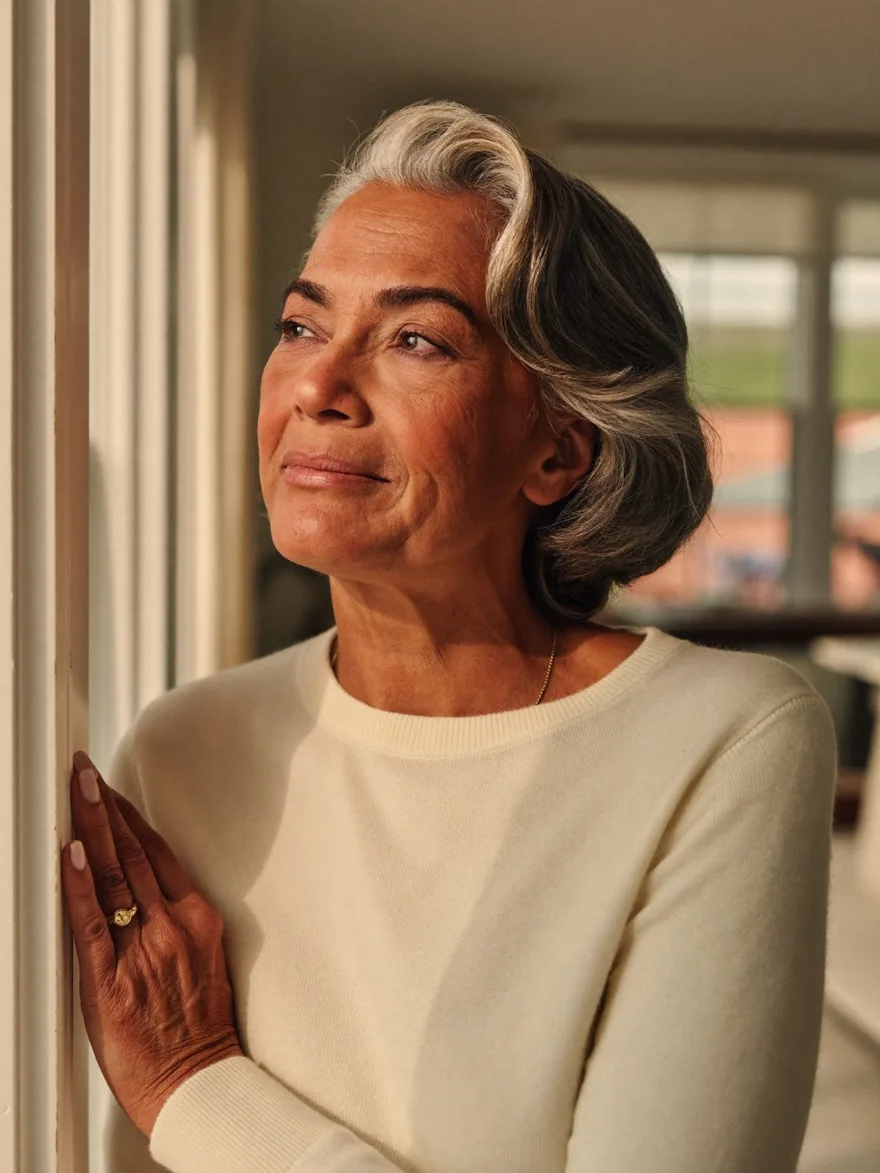 A woman in her sixties at home, calm and confident about her retirement plan