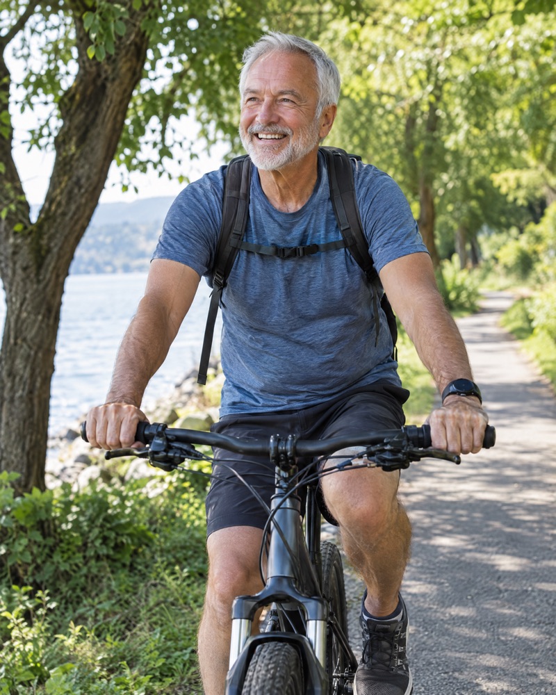 An active retired man riding a bicycle outdoors