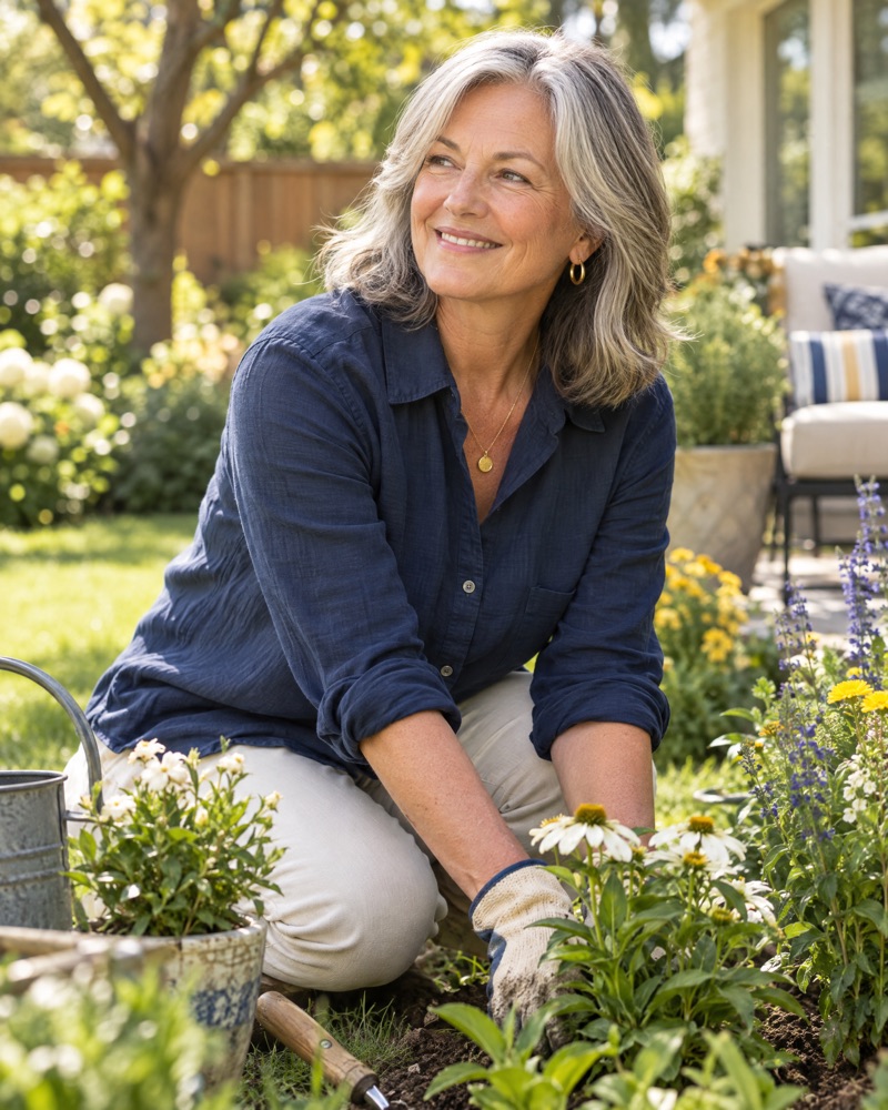 A woman in her sixties gardening outdoors, content and relaxed