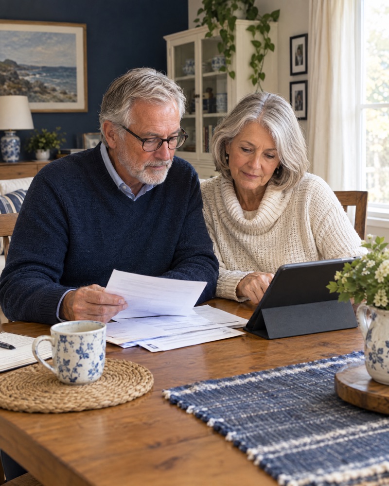 A retired couple reviewing paperwork together at home