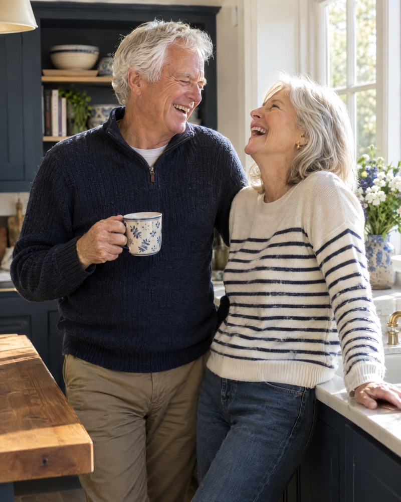 A retired couple at home, relaxed and laughing together