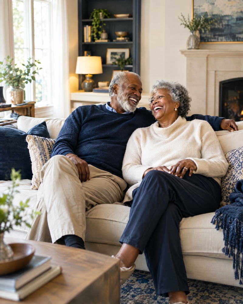 A retired couple at home, relaxed together