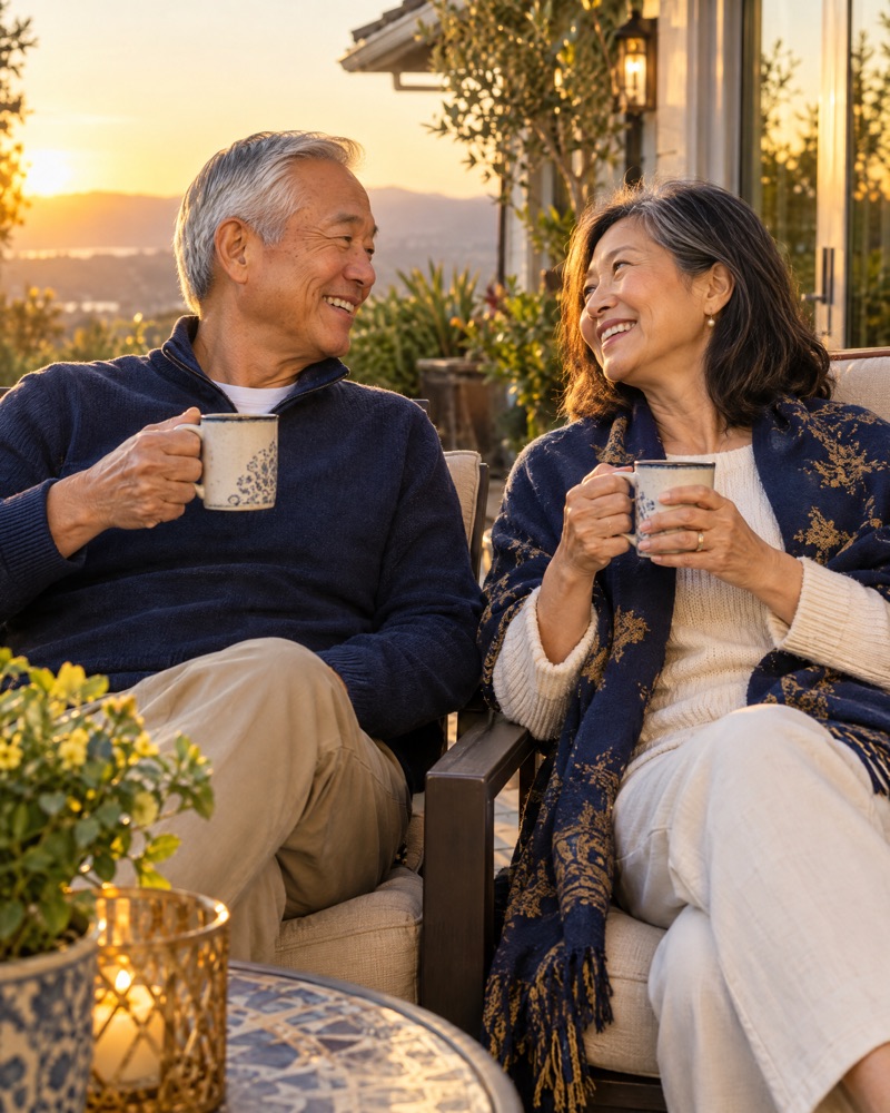 A retired couple, relaxed and happy together