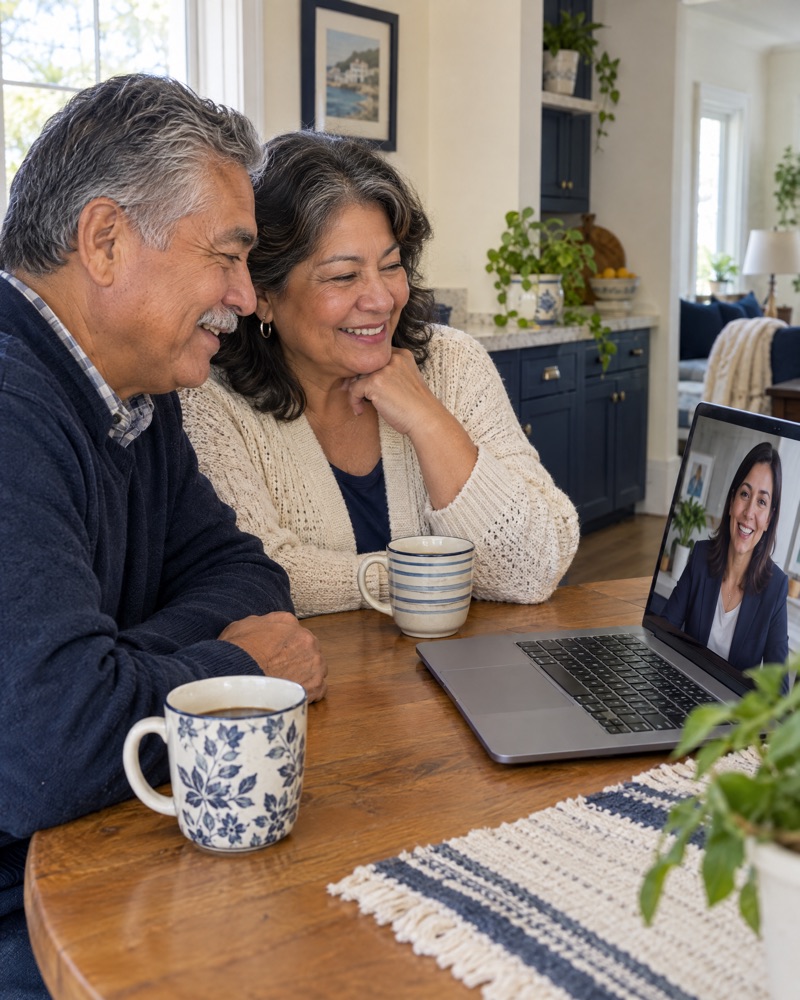 A retired couple meeting their adviser from home over a video call