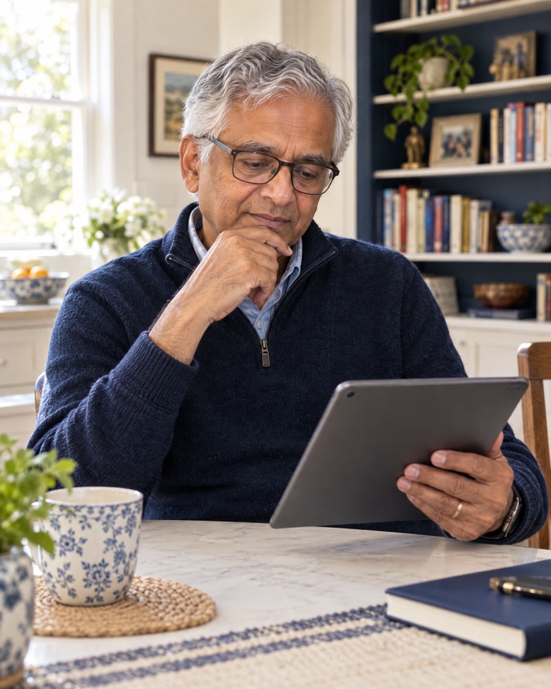 A retired man reading an article thoughtfully on a tablet at home