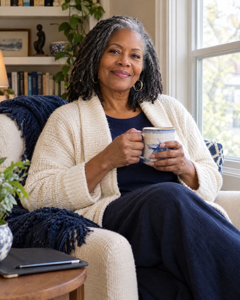 A woman in her sixties at home, calm and confident about her retirement plan